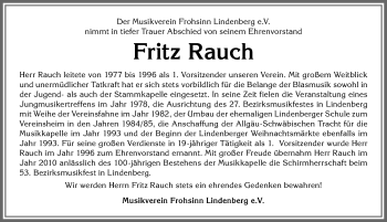 Traueranzeige von Fritz Rauch von Allgäuer Zeitung, Kaufbeuren/Buchloe