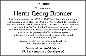 Traueranzeige von Georg Bronner von Allgäuer Zeitung, Marktoberdorf