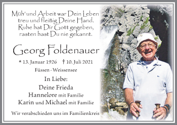 Traueranzeige von Georg Foldenauer von Allgäuer Zeitung, Füssen
