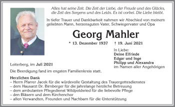 Traueranzeige von Georg Mahler von Allgäuer Zeitung,Kempten