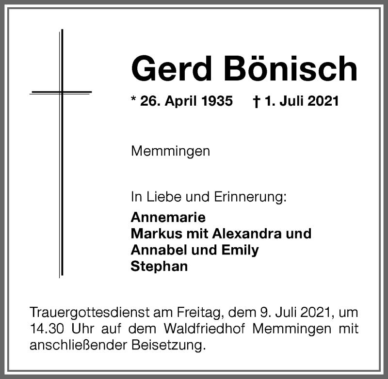  Traueranzeige für Gerd Bönisch vom 07.07.2021 aus Memminger Zeitung