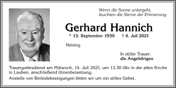Traueranzeige von Gerhard Hannich von Allgäuer Zeitung,Kempten