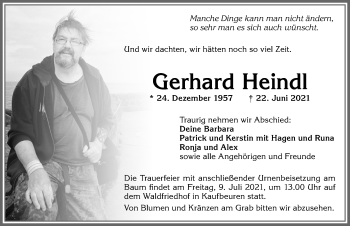 Traueranzeige von Gerhard Heindl von Allgäuer Zeitung, Kaufbeuren/Buchloe
