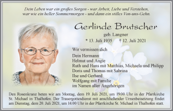 Traueranzeige von Gerlinde Brutscher von Allgäuer Zeitung, Marktoberdorf