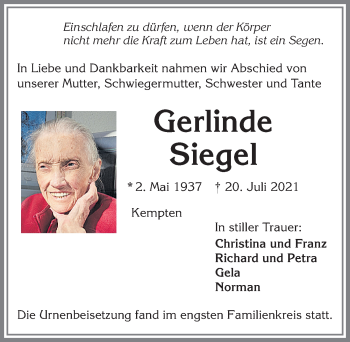 Traueranzeige von Gerlinde Siegel von Allgäuer Zeitung,Kempten