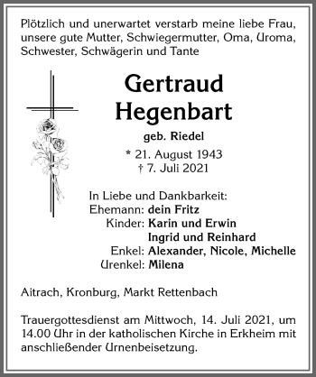 Traueranzeige von Gertraud Hegenbart von Memminger Zeitung
