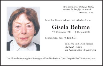 Traueranzeige von Gisela Behme von Der Westallgäuer