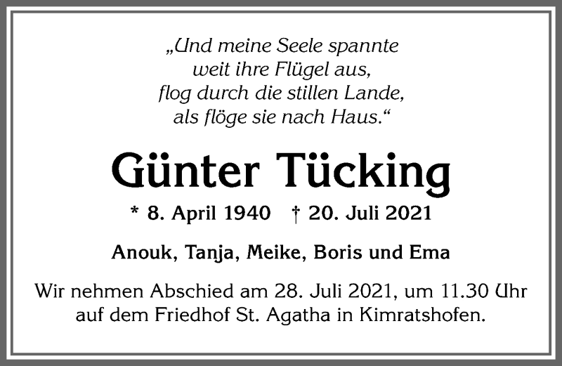  Traueranzeige für Günter Tücking vom 24.07.2021 aus Allgäuer Zeitung,Kempten