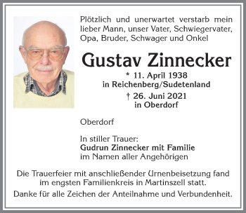 Traueranzeige von Gustav Zinnecker von Allgäuer Zeitung,Kempten