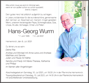 Traueranzeige von Hans-Georg Wurm von Der Westallgäuer