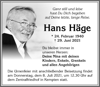 Traueranzeige von Hans Häge von Allgäuer Zeitung,Kempten