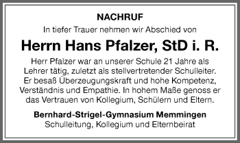 Traueranzeige von Hans Pfalzer von Memminger Zeitung