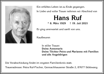 Traueranzeige von Hans Ruf von Allgäuer Zeitung, Kaufbeuren/Buchloe