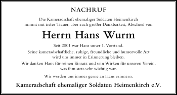 Traueranzeige von Hans Wurm von Der Westallgäuer