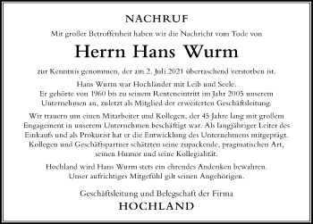 Traueranzeige von Hans Wurm von Der Westallgäuer