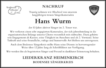 Traueranzeige von Hans Wurm von Der Westallgäuer