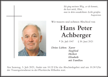 Traueranzeige von Hans Peter Achberger von Der Westallgäuer