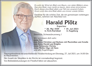 Traueranzeige von Harald Plötz von Allgäuer Zeitung, Kaufbeuren/Buchloe