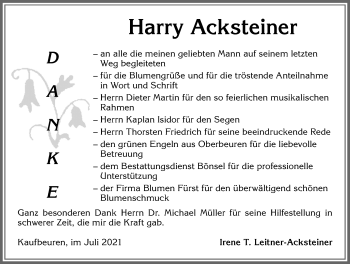 Traueranzeige von Harry Acksteiner von Allgäuer Zeitung, Kaufbeuren/Buchloe