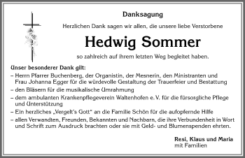 Traueranzeige von Hedwig Sommer von Allgäuer Zeitung,Kempten
