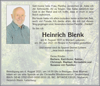 Traueranzeige von Heinrich Blenk von Allgäuer Zeitung