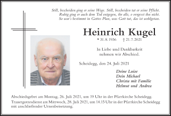 Traueranzeige von Heinrich Kugel von Der Westallgäuer