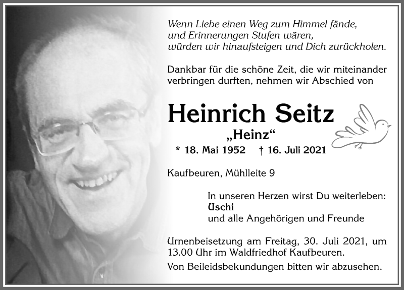  Traueranzeige für Heinrich Seitz vom 20.07.2021 aus Allgäuer Zeitung