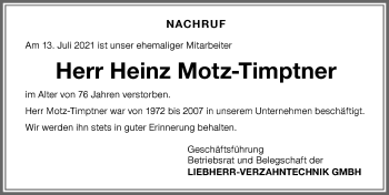 Traueranzeige von Heinz Motz-Timptner von Allgäuer Zeitung,Kempten