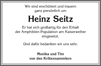 Traueranzeige von Heinz Seitz von Allgäuer Zeitung, Kaufbeuren/Buchloe
