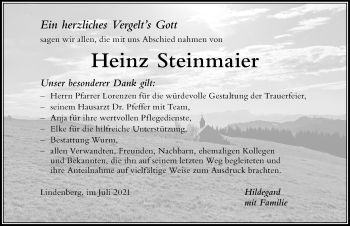 Traueranzeige von Heinz Steinmaier von Der Westallgäuer