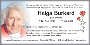 Traueranzeige von Helga Burkard von Allgäuer Zeitung, Kaufbeuren/Buchloe
