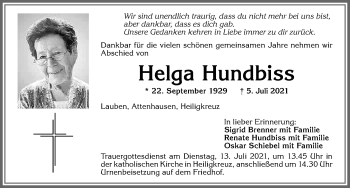 Traueranzeige von Helga Hundbiss von Allgäuer Zeitung,Kempten
