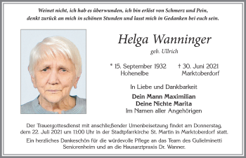 Traueranzeige von Helga Wanninger von Allgäuer Zeitung, Marktoberdorf