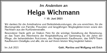 Traueranzeige von Helga Wichmann von Allgäuer Zeitung, Kaufbeuren/Buchloe