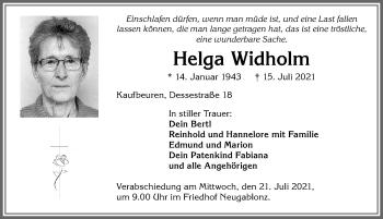 Traueranzeige von Helga Widholm von Allgäuer Zeitung