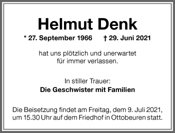 Traueranzeige von Helmut Denk von Memminger Zeitung