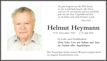 Traueranzeige von Helmut Heymann von Der Westallgäuer