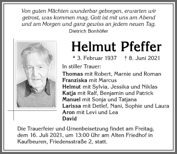 Traueranzeige von Helmut Pfeffer von Allgäuer Zeitung, Kaufbeuren/Buchloe