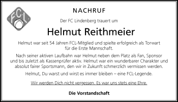 Traueranzeige von Helmut Reithmeier von Der Westallgäuer