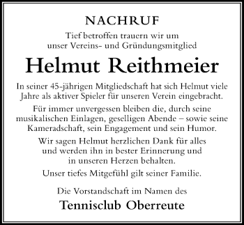 Traueranzeige von Helmut Reithmeier von Der Westallgäuer
