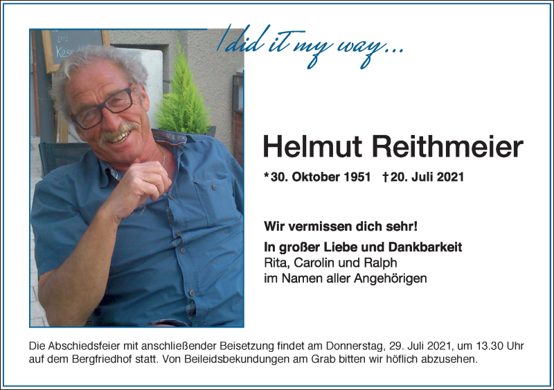  Traueranzeige für Helmut Reithmeier vom 23.07.2021 aus Der Westallgäuer