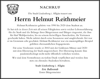 Traueranzeige von Helmut Reithmeier von Der Westallgäuer