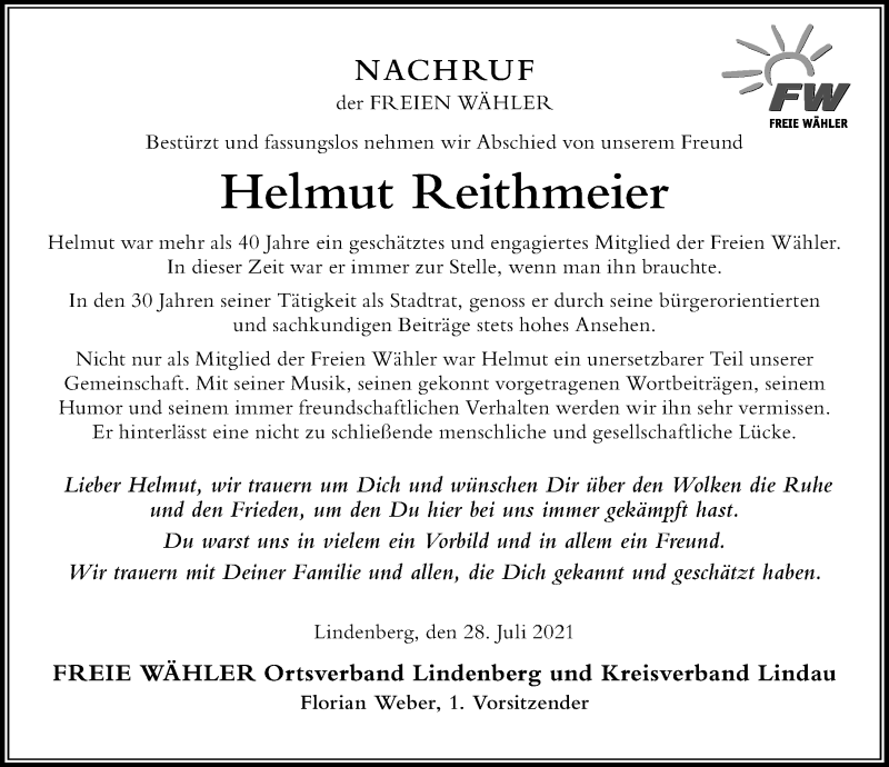  Traueranzeige für Helmut Reithmeier vom 28.07.2021 aus Der Westallgäuer
