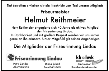 Traueranzeige von Helmut Reithmeier von Der Westallgäuer