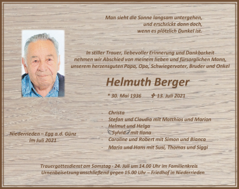 Traueranzeige von Helmuth Berger von Memminger Zeitung