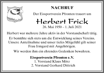 Traueranzeige von Herbert Frick von Allgäuer Zeitung, Füssen
