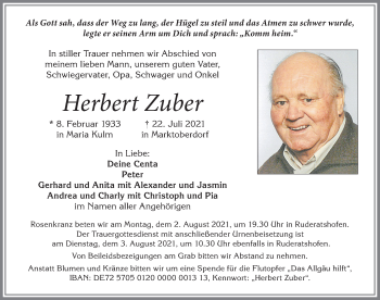 Traueranzeige von Herbert Zuber von Allgäuer Zeitung, Marktoberdorf