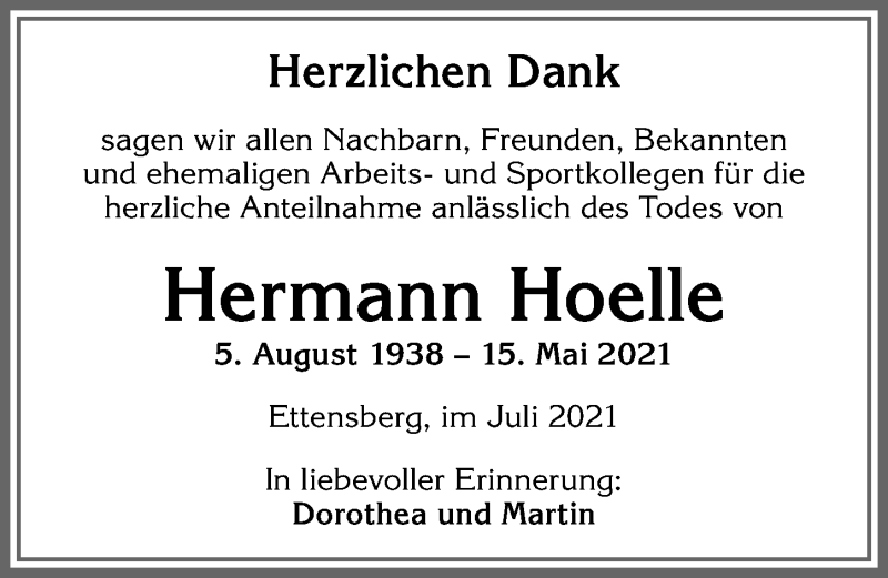 Traueranzeige für Hermann Hoelle vom 17.07.2021 aus Allgäuer Anzeigeblatt
