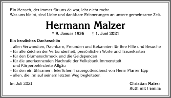 Traueranzeige von Hermann Malzer von Allgäuer Anzeigeblatt