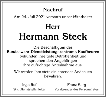 Traueranzeige von Hermann Steck von Allgäuer Zeitung, Kaufbeuren/Buchloe